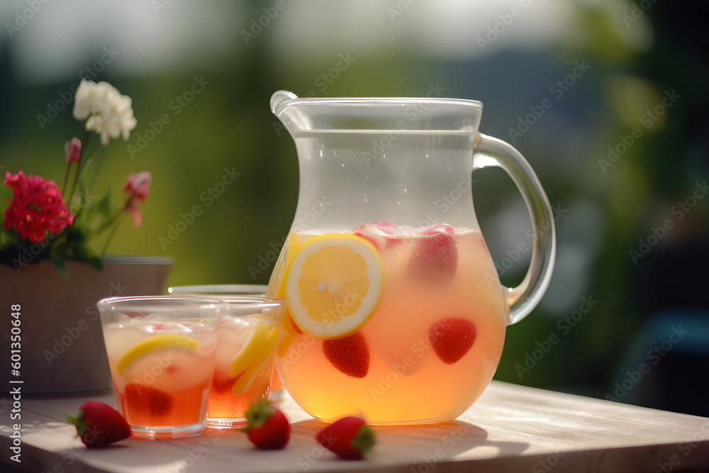 Pitcher of lemonade with strawberries on a hot summer day Pitcher of lemonade with strawberries on a hot summer day