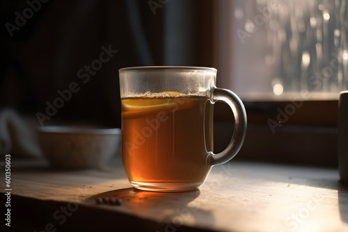 Hot tea with lemon on a rainy day
