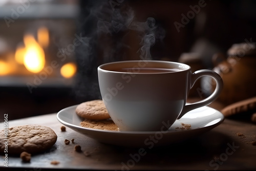 closeup of a steaming cup of coffee with cookies