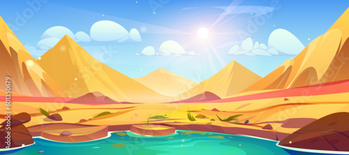 Cartoon oasis in Sahara desert with hot sand dune vector landscape background. Dubai mirage in arabian sand scene illustration. Dry Morocco land with rock nature near pond water panorama wallpaper