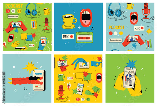 Concept of watching video online, podcast, talk show, tv application, live streaming. Hand holding smartphone with man with microphone on screen. Vector illustration in flat style