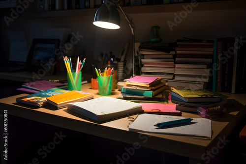 Cramming for an exam, with notes, books and stationary