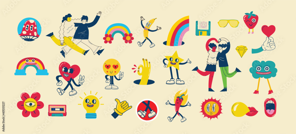 70's groovy illustrations for the posters, cards or stickers with hippie cute colorful funky character concepts of crazy geometric, dripping emoticon. Only good vibes sentence 70's groovy illustrations for the posters, cards or stickers with hippie cute colorful funky character concepts of crazy geometric, dripping emoticon. Only good vibes sentence