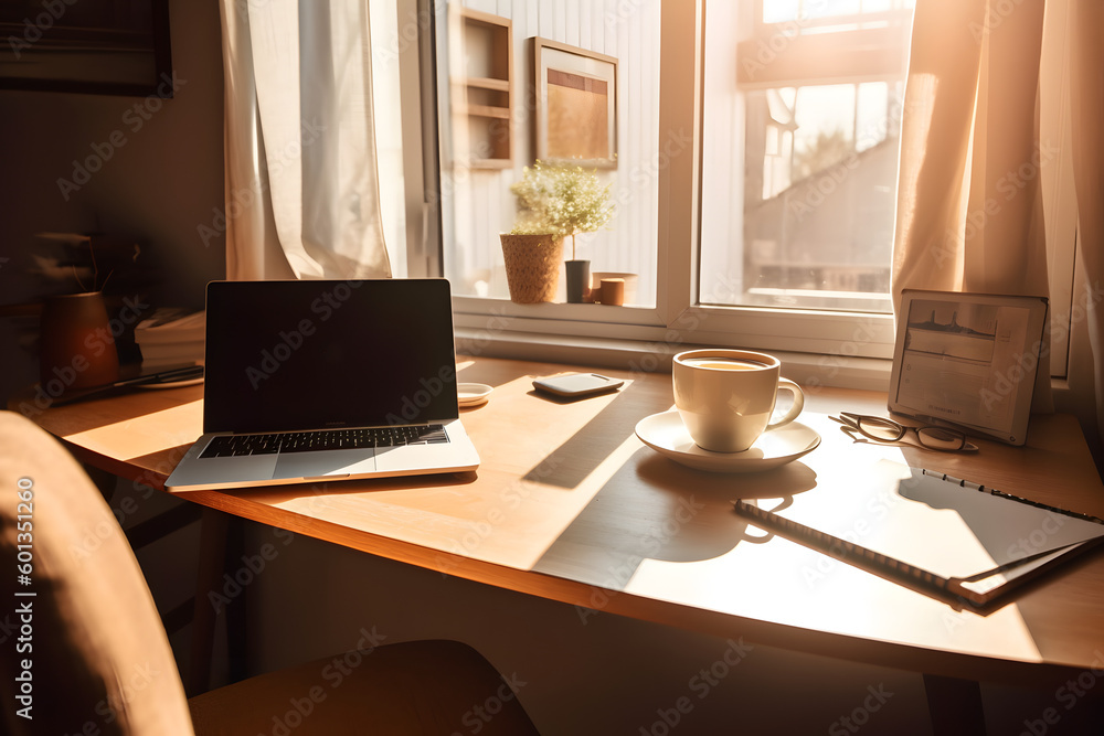 A cozy home office in the morning A cozy home office in the morning