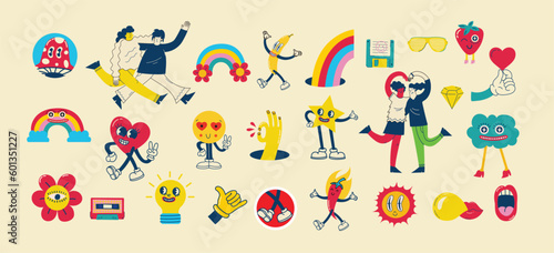 70's groovy illustrations for the posters, cards or stickers with hippie cute colorful funky character concepts of crazy geometric, dripping emoticon. Only good vibes sentence