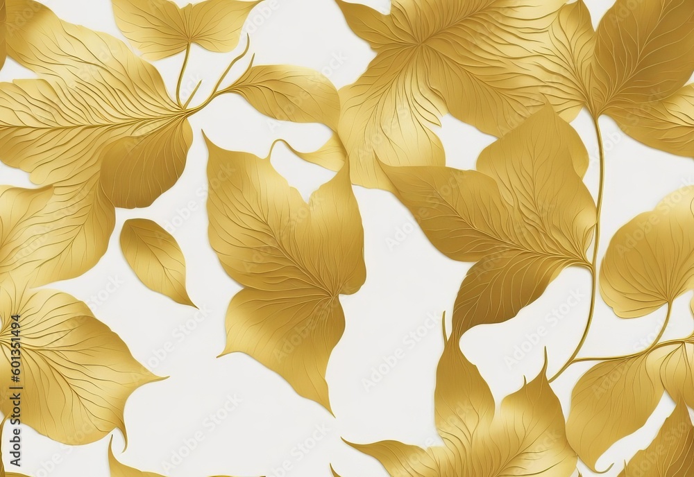 Create a Luxurious Space with a Shiny Golden Light Texture and Gold Leaves Wall Art. 