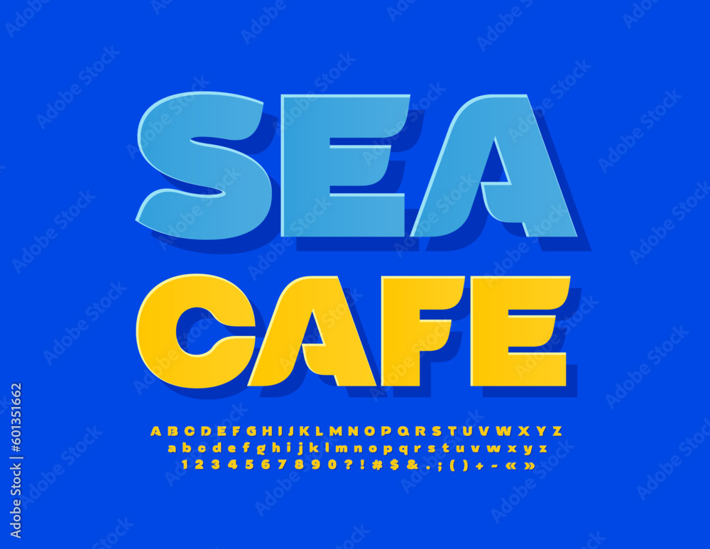 Vector bright poster Sea Cafe. Modern Yellow Sticker Font. Artistic Alphabet Letters and Numbers set
Vector bright poster Sea Cafe. Modern Yellow Sticker Font. Artistic Alphabet Letters and Numbers set