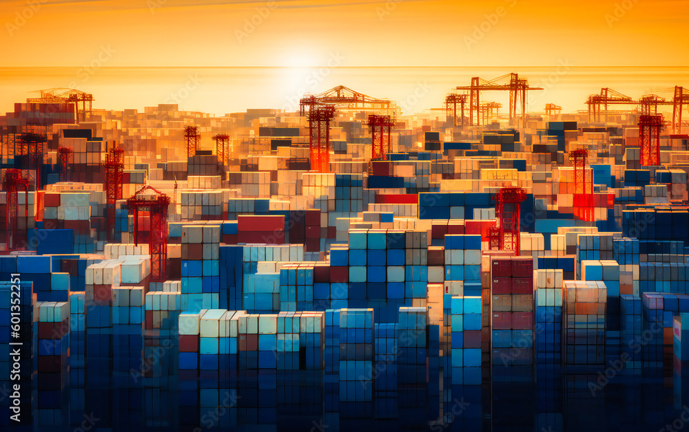 a view of a container port set at sunset