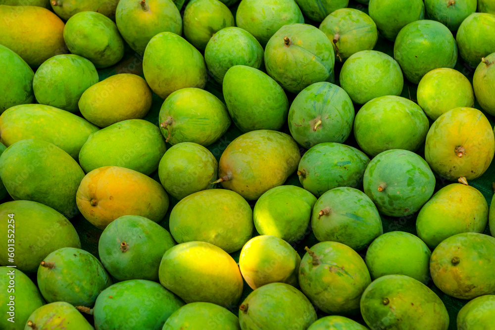 many mangoes on the ground in the fruit market for sale in India and Pakistan 