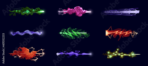 Vfx gun effect. Space weapon shot, blaster, laser, beam gun, plasma beams, lightning, smoke, raygun. Light visual effects. Colorful energy shot effects. Sci-fi game comic. Vector cartoon illustration.