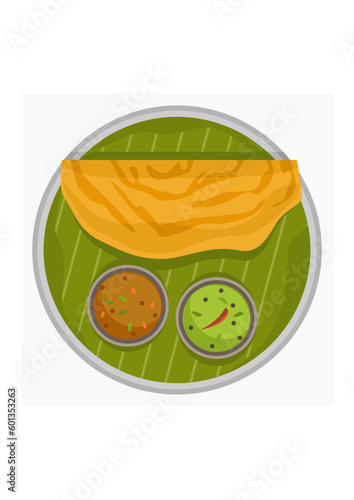 Editable Top View Indian Masala Dosa With Chutney and Sambar on Banana Leaf and Plate Vector Illustration for Artwork of Cuisine Related Design With South Asian Culture and Tradition