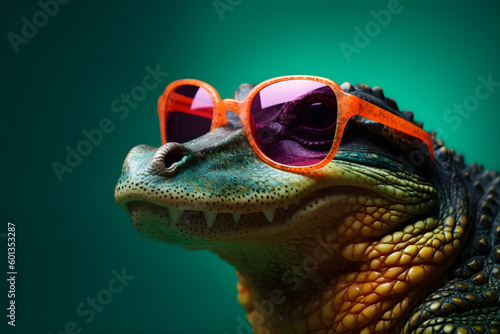 Funny alligator wearing sunglasses in studio with a colorful and bright background. Generative AI photo