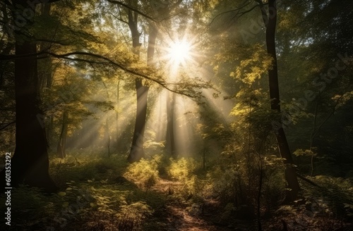 Forest sun rays. Generate Ai
