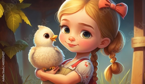 Cute Cartoon Farm Girl with Her Pet Chicken. Generative AI.