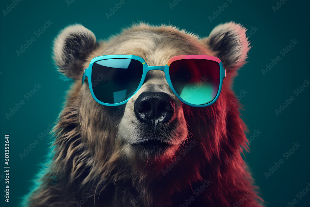 Funny bear wearing sunglasses in studio with a colorful and bright background. Generative AI