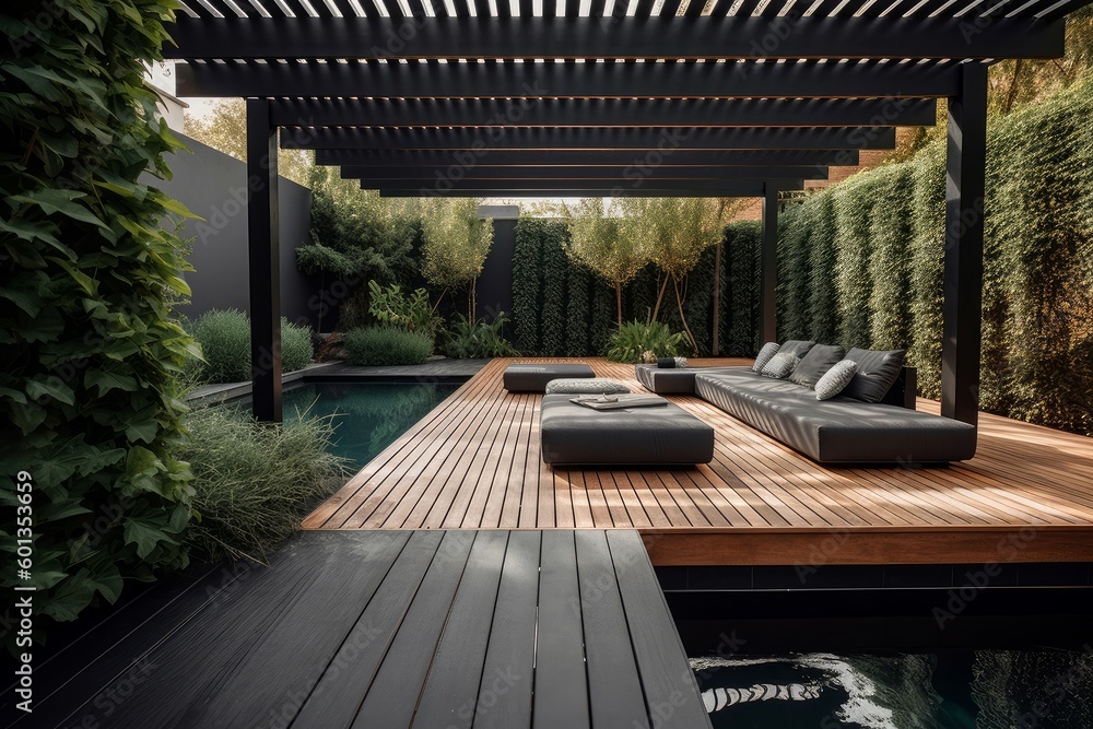 Fototapeta premium Garden outside terrace pool. Generate Ai