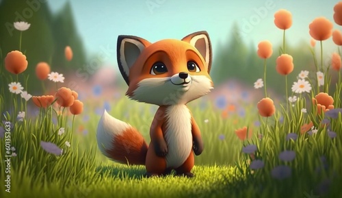 Cute Cartoon Fox Character in a Field of Spring Flowers. Generative AI.
