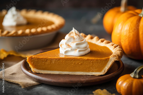 Traditional pumpkin pie topped with whipped cream. Generative AI. photo