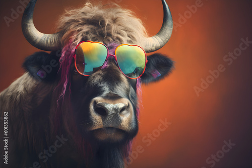 Funny buffalo wearing sunglasses in studio with a colorful and bright background. Generative AI