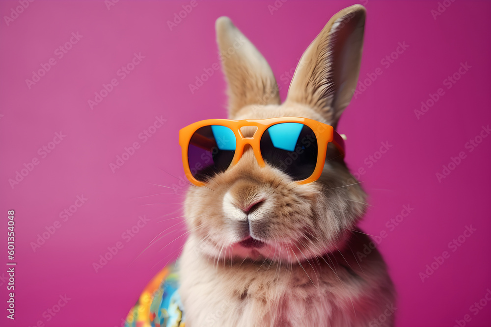 Funny bunny or rabbit wearing sunglasses in studio with a colorful and bright background. Generative AI