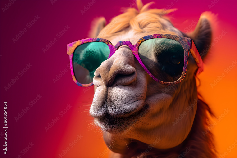 Funny camel wearing sunglasses in studio with a colorful and bright background. Generative AI
