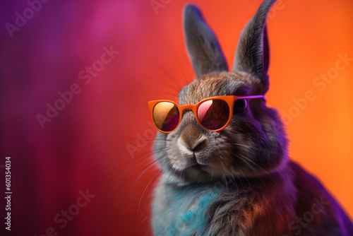 Funny bunny or rabbit wearing sunglasses in studio with a colorful and bright background. Generative AI