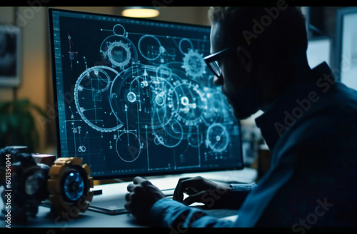 a man looking at graphs and gears inside a computer