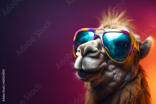 Funny camel wearing sunglasses in studio with a colorful and bright background. Generative AI © Mihai Zaharia