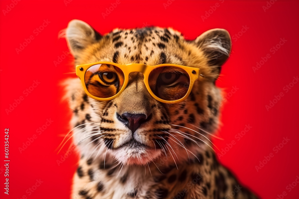 Fototapeta premium Funny cheetah wearing sunglasses in studio with a colorful and bright background. Generative AI