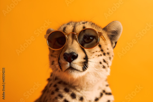 Funny cheetah wearing sunglasses in studio with a colorful and bright background. Generative AI