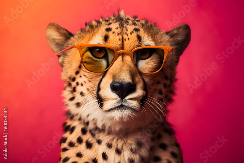 Funny cheetah wearing sunglasses in studio with a colorful and bright background. Generative AI © Mihai Zaharia