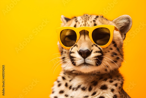Funny cheetah wearing sunglasses in studio with a colorful and bright background. Generative AI © Mihai Zaharia
