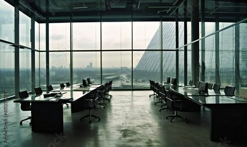 glass office space with large windows and a table