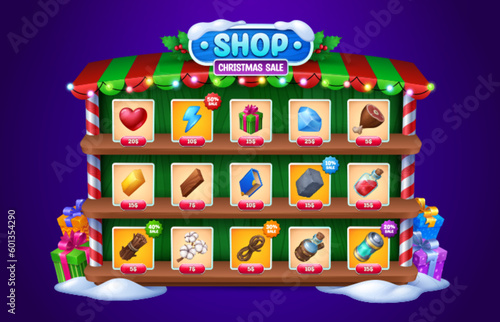 Christmas winter sale ui game shop frame with snow and garland. Cartoon mobile gui store button with gem, gifts, props and resources selection to buy. Limited time price offer with xmas decoration