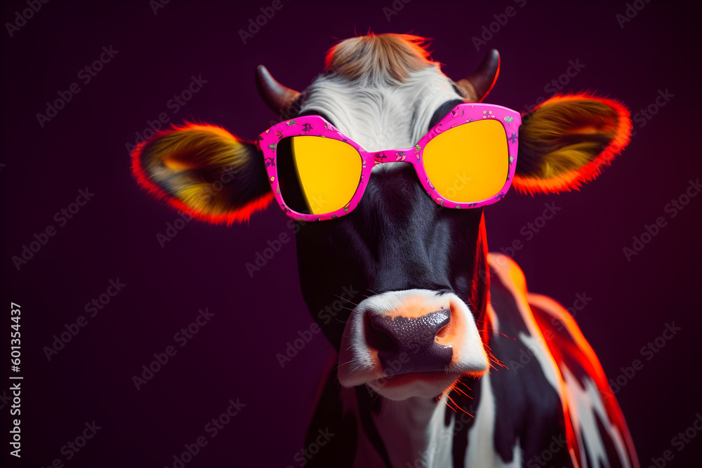 Funny cow wearing sunglasses in studio with a colorful and bright background. Generative AI Funny cow wearing sunglasses in studio with a colorful and bright background. Generative AI
