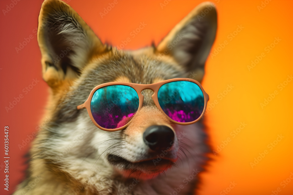 Funny coyote wearing sunglasses in studio with a colorful and bright background. Generative AI Funny coyote wearing sunglasses in studio with a colorful and bright background. Generative AI