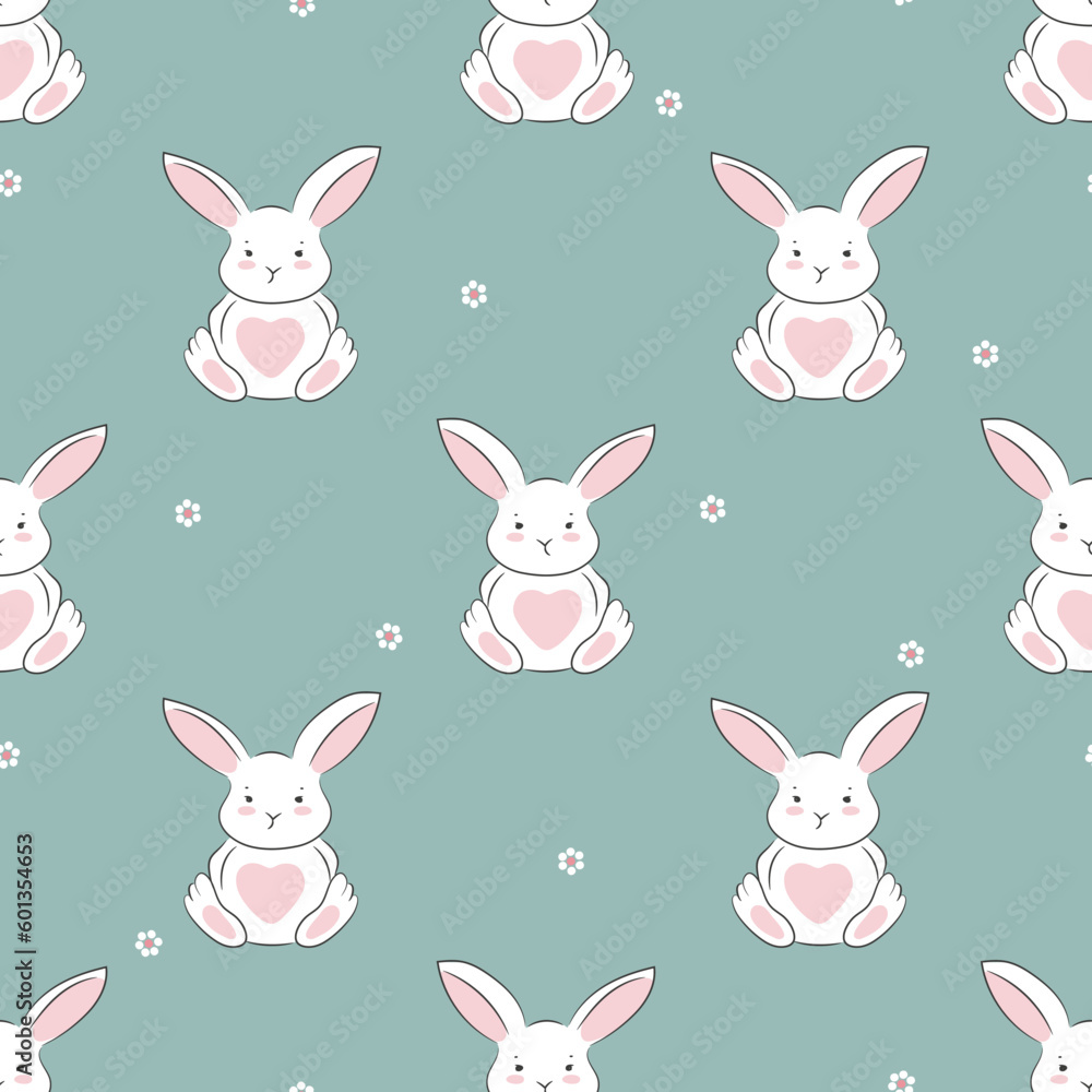 Fototapeta premium Seamless baby pattern with cute little bunny. Easter vector illustration with rabbits