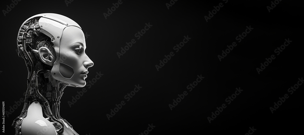 Black and white photorealistic studio portrait of a humanoid cyborg robot on black background. Generative AI illustration Black and white photorealistic studio portrait of a humanoid cyborg robot on black background. Generative AI illustration