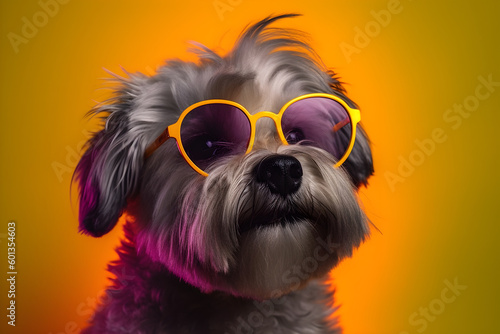 Funny dog wearing sunglasses in studio with a colorful and bright background. Generative AI © Mihai Zaharia