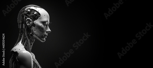Black and white photorealistic studio portrait of a humanoid cyborg robot on black background