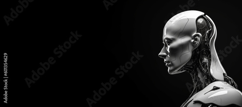 Black and white photorealistic studio portrait of a humanoid cyborg robot on black background photo