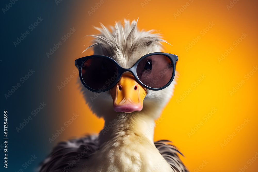 Funny duck wearing sunglasses in studio with a colorful and bright background. Generative AI