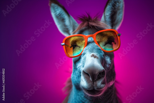 Funny donkey wearing sunglasses in studio with a colorful and bright background. Generative AI © Mihai Zaharia