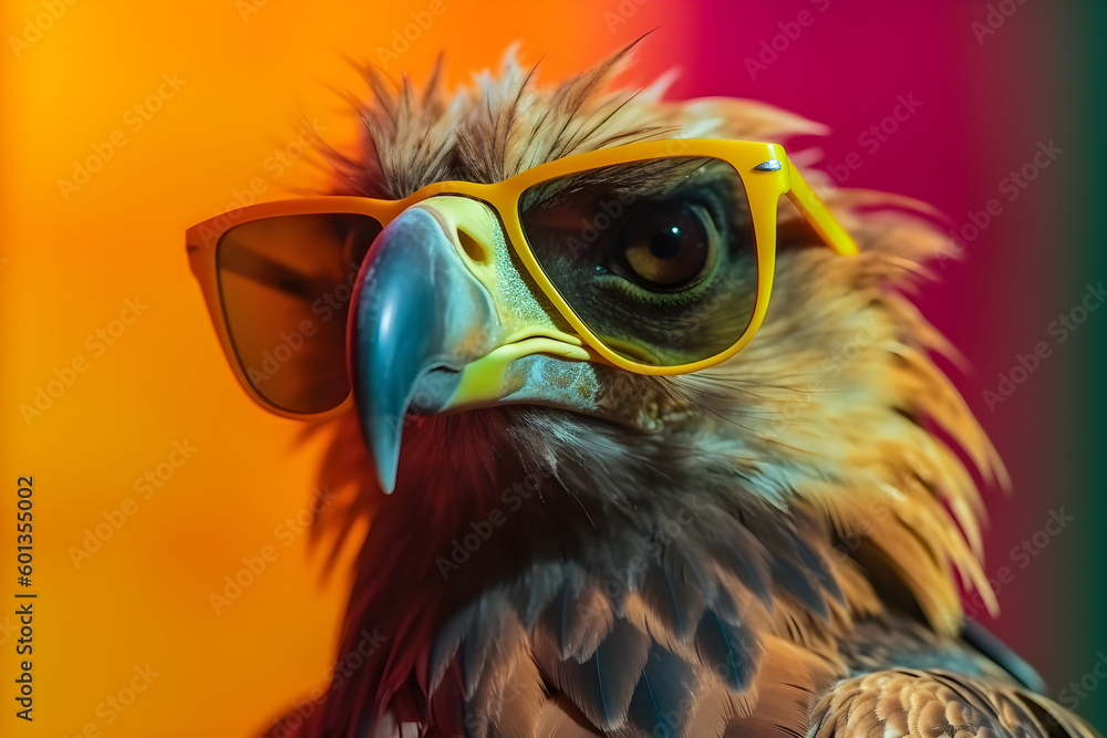 Funny eagle wearing sunglasses in studio with a colorful and bright background. Generative AI Funny eagle wearing sunglasses in studio with a colorful and bright background. Generative AI