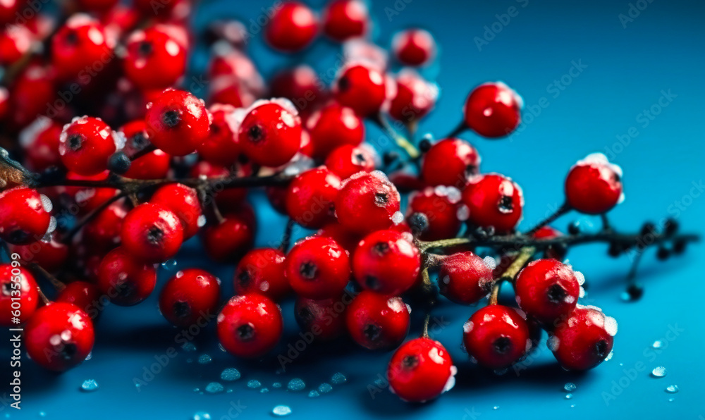 Fototapeta premium beautiful red berries and snowflakes on a blue background