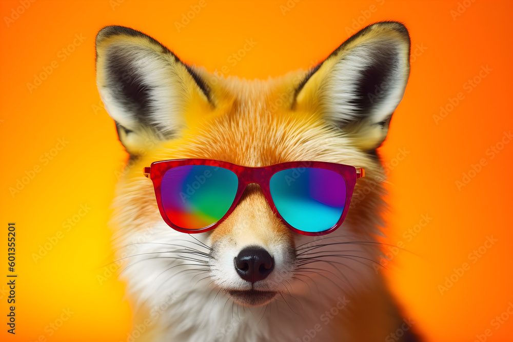Funny fox wearing sunglasses in studio with a colorful and bright background. Generative AI Funny fox wearing sunglasses in studio with a colorful and bright background. Generative AI