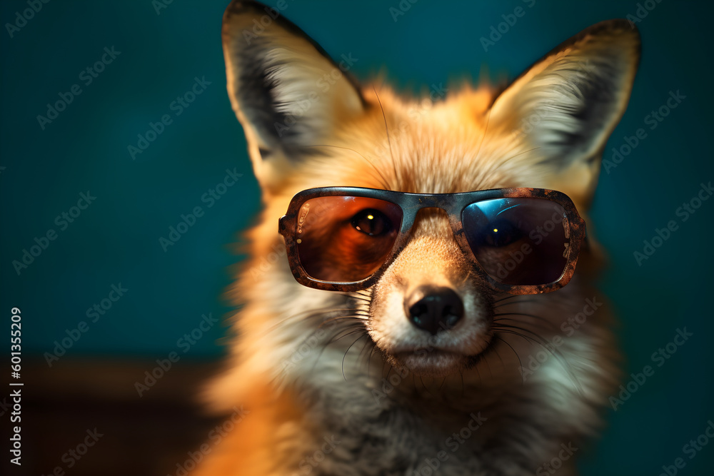 Funny fox wearing sunglasses in studio with a colorful and bright background. Generative AI Funny fox wearing sunglasses in studio with a colorful and bright background. Generative AI