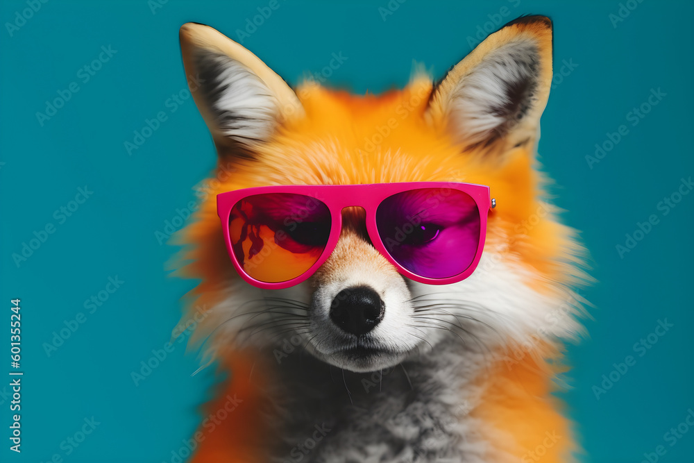 Obraz premium Funny fox wearing sunglasses in studio with a colorful and bright background. Generative AI