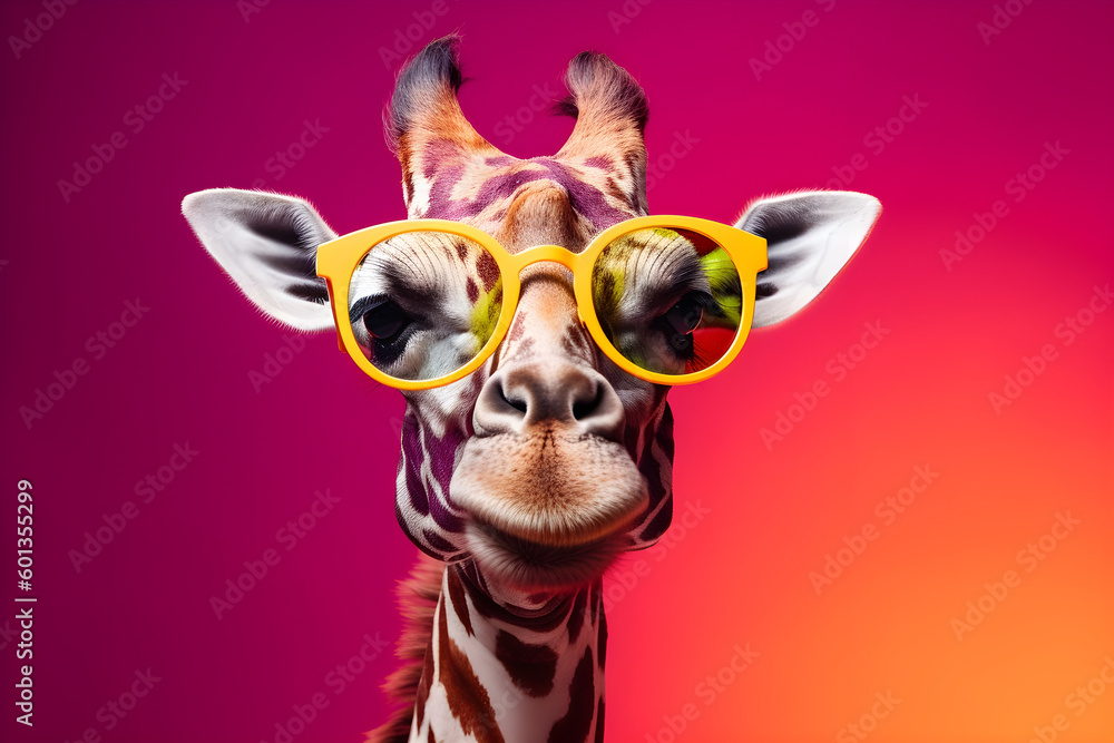 Funny giraffe wearing sunglasses in studio with a colorful and bright background. Generative AI