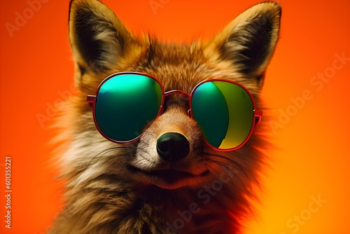 Funny fox wearing sunglasses in studio with a colorful and bright background. Generative AI © Mihai Zaharia